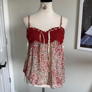 Vintage Brick Red paisley print flowy cami top crochet straps ribbon tie detail